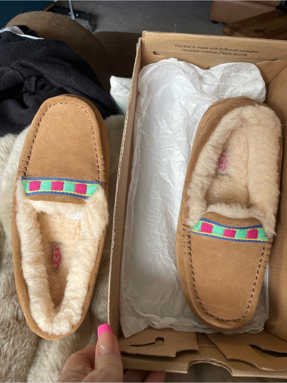 UGG Chestnut Embroidered Annsley Slip-On Moccasins with Multicolor Trim